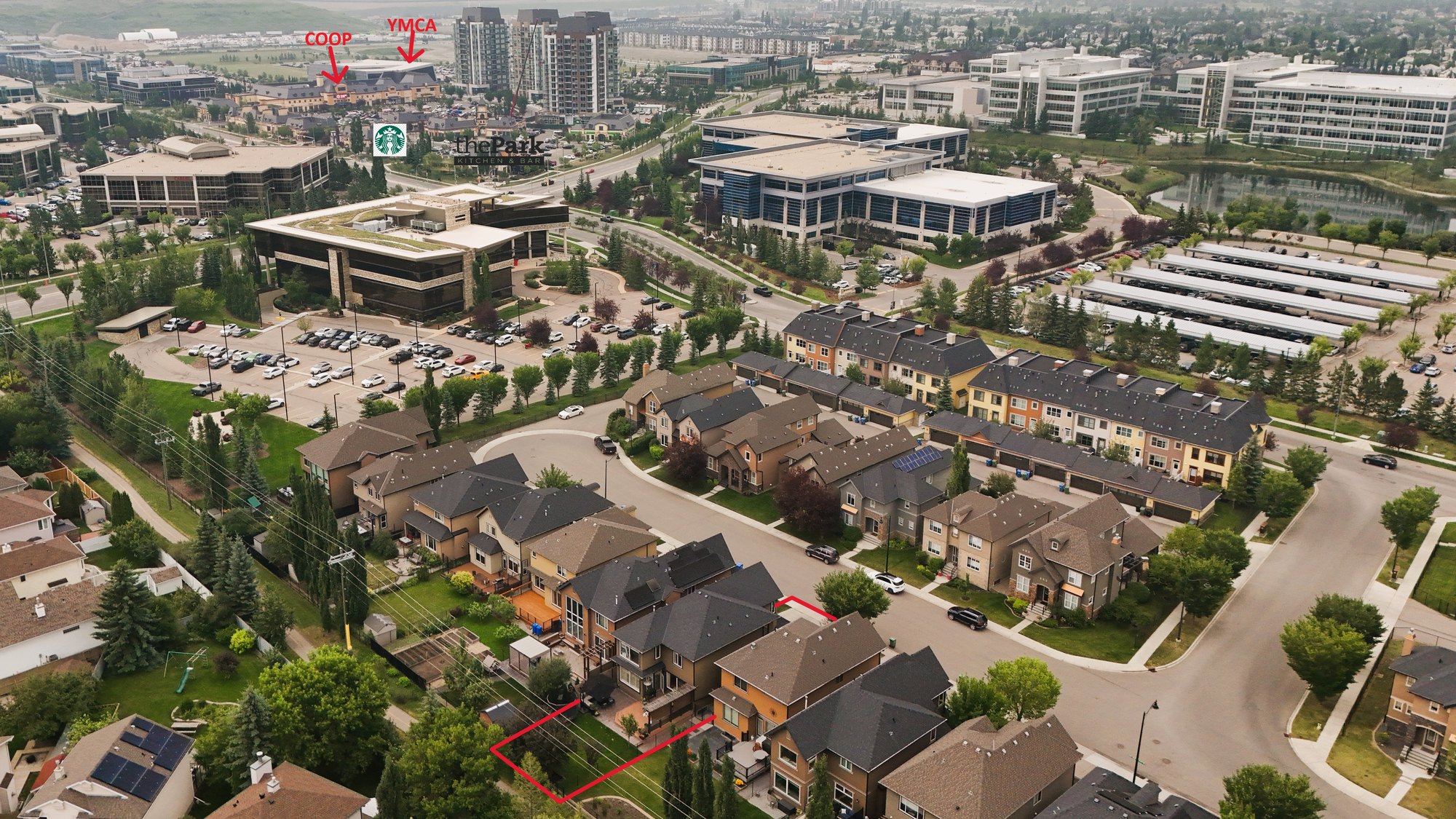Aerial showing walking distance to the Quarry Park Market, Starbucks, The Park, Co-op and the YMCA